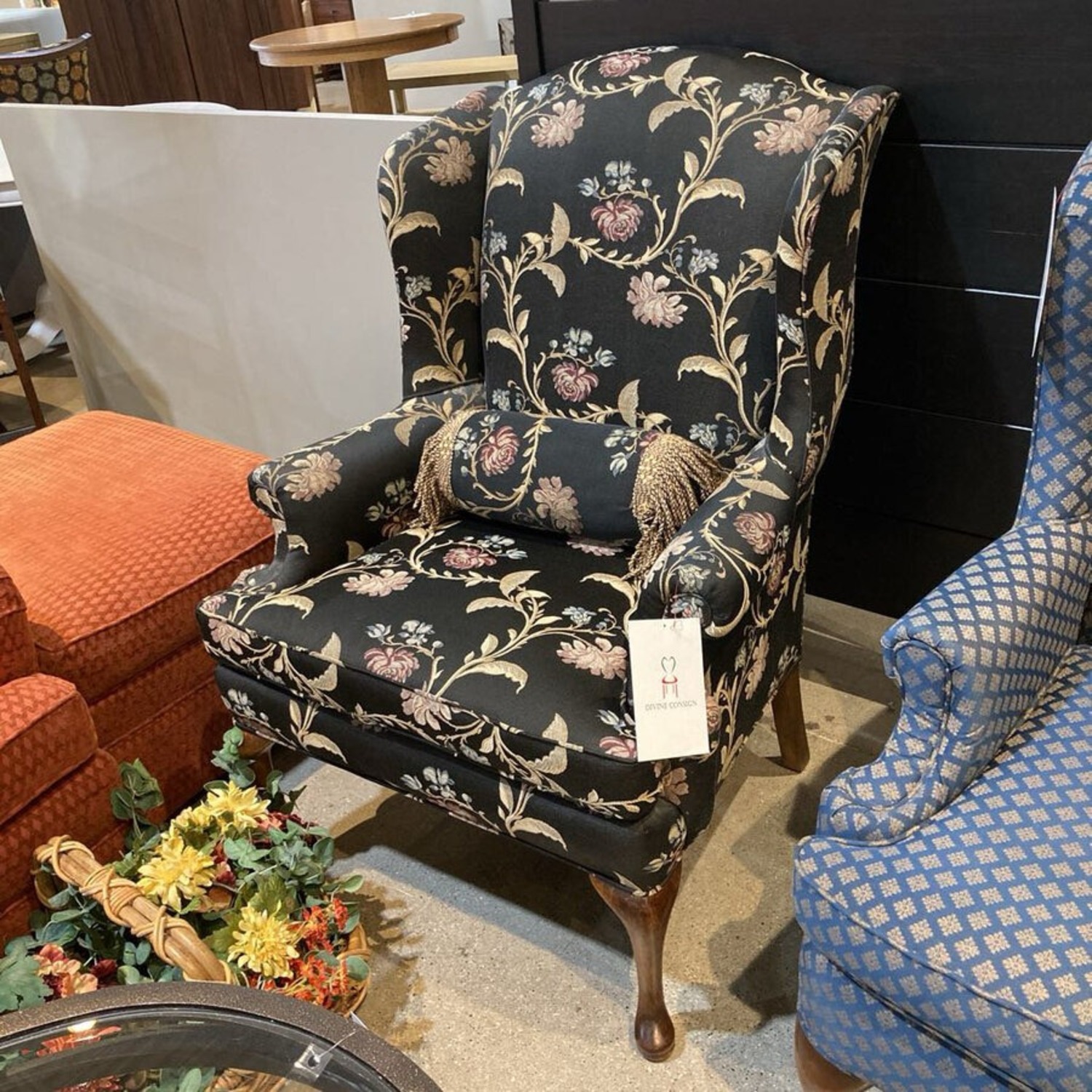Fine Custom Floral Pattern Wingback Chair - image-2