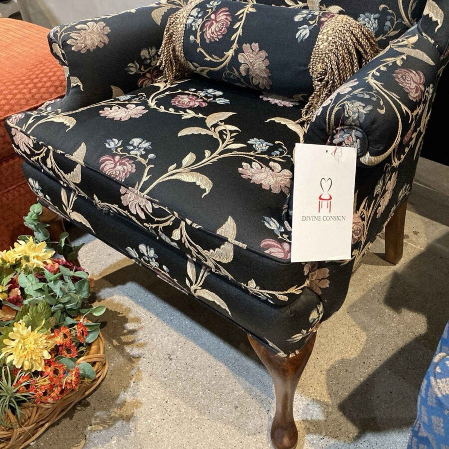 Fine Custom Floral Pattern Wingback Chair - image-4