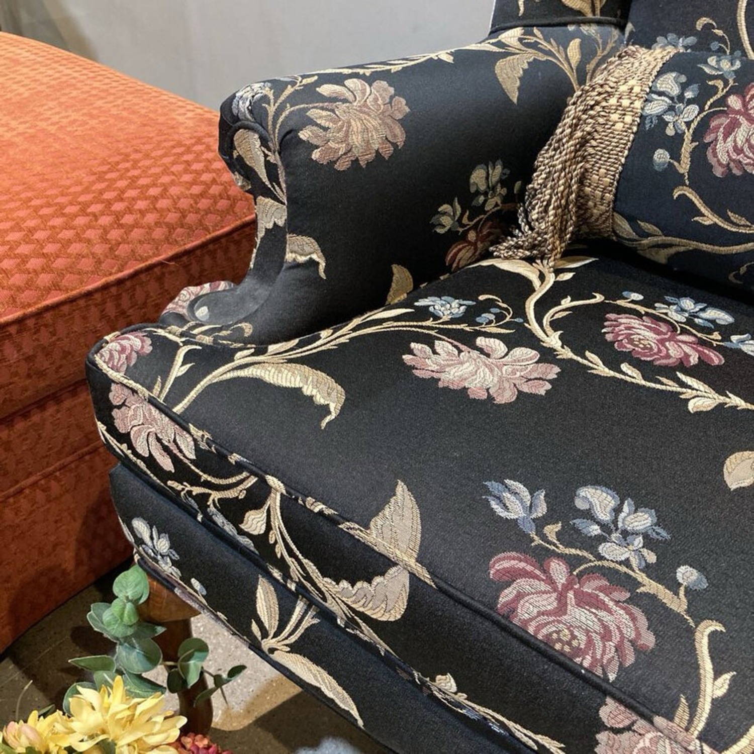 Fine Custom Floral Pattern Wingback Chair - image-5