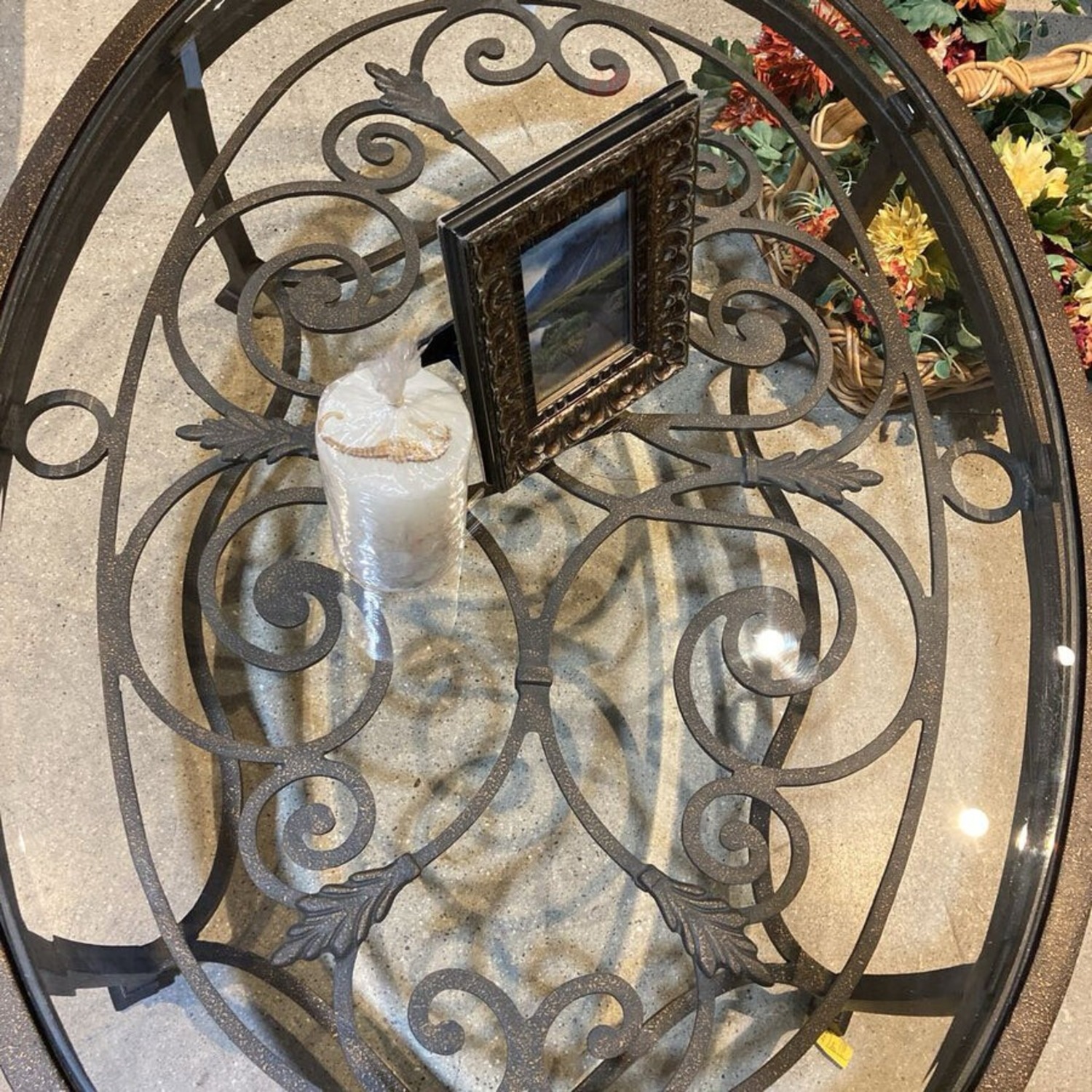 Iron Scrollwork Base Oval Glass Top Coffee Table - image-7