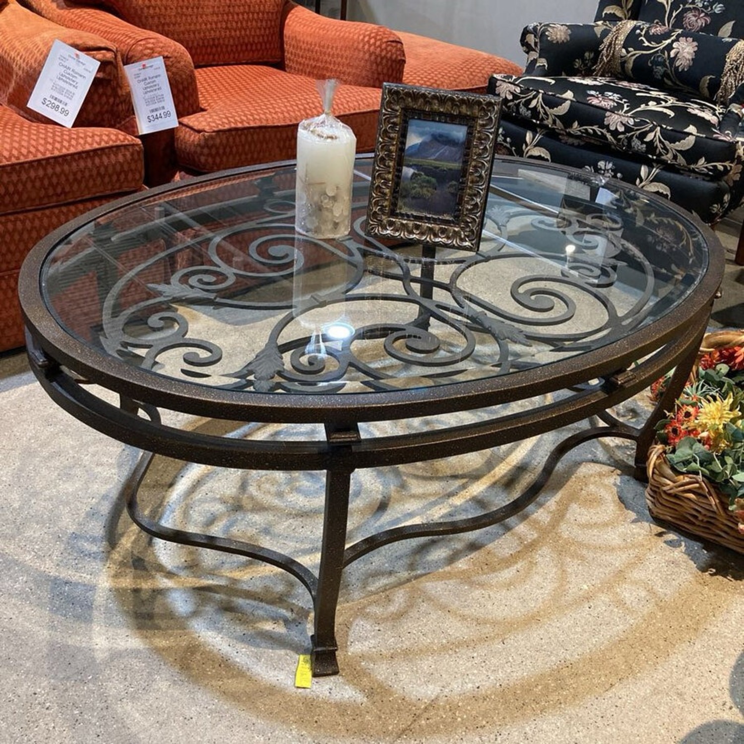 Iron Scrollwork Base Oval Glass Top Coffee Table - image-3