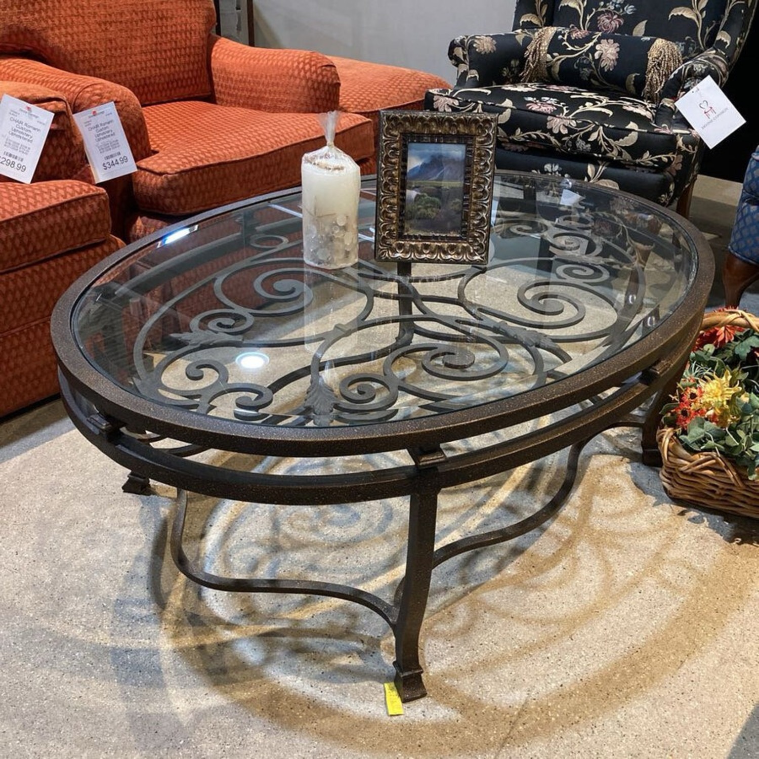 Iron Scrollwork Base Oval Glass Top Coffee Table - image-2