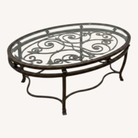 Iron Scrollwork Base Oval Glass Top Coffee Table