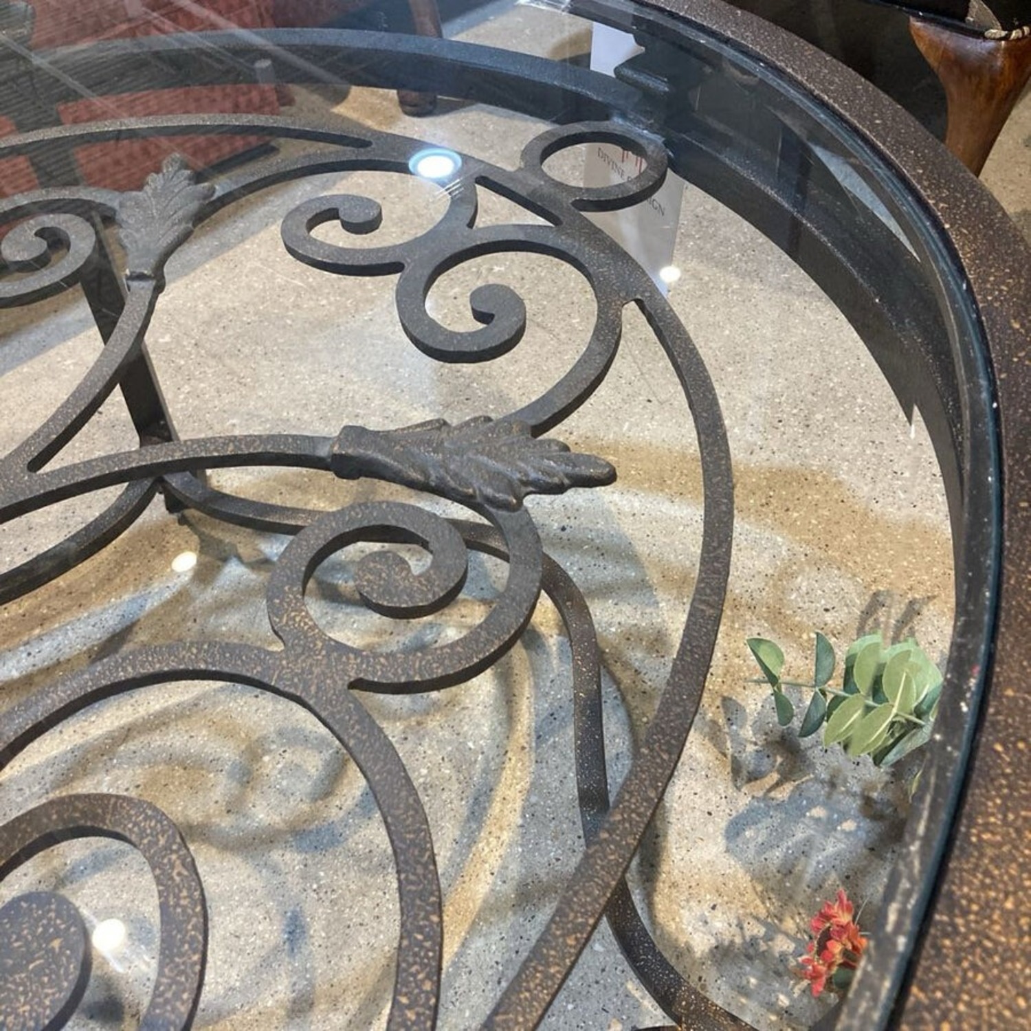 Iron Scrollwork Base Oval Glass Top Coffee Table - image-5