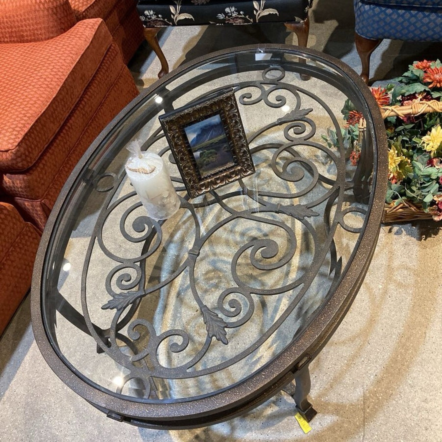 Iron Scrollwork Base Oval Glass Top Coffee Table - image-4