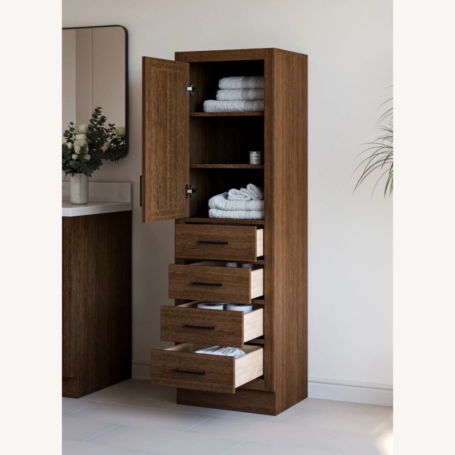 Modern Dark Brown Freestanding Wood Linen Cabinet - image-2