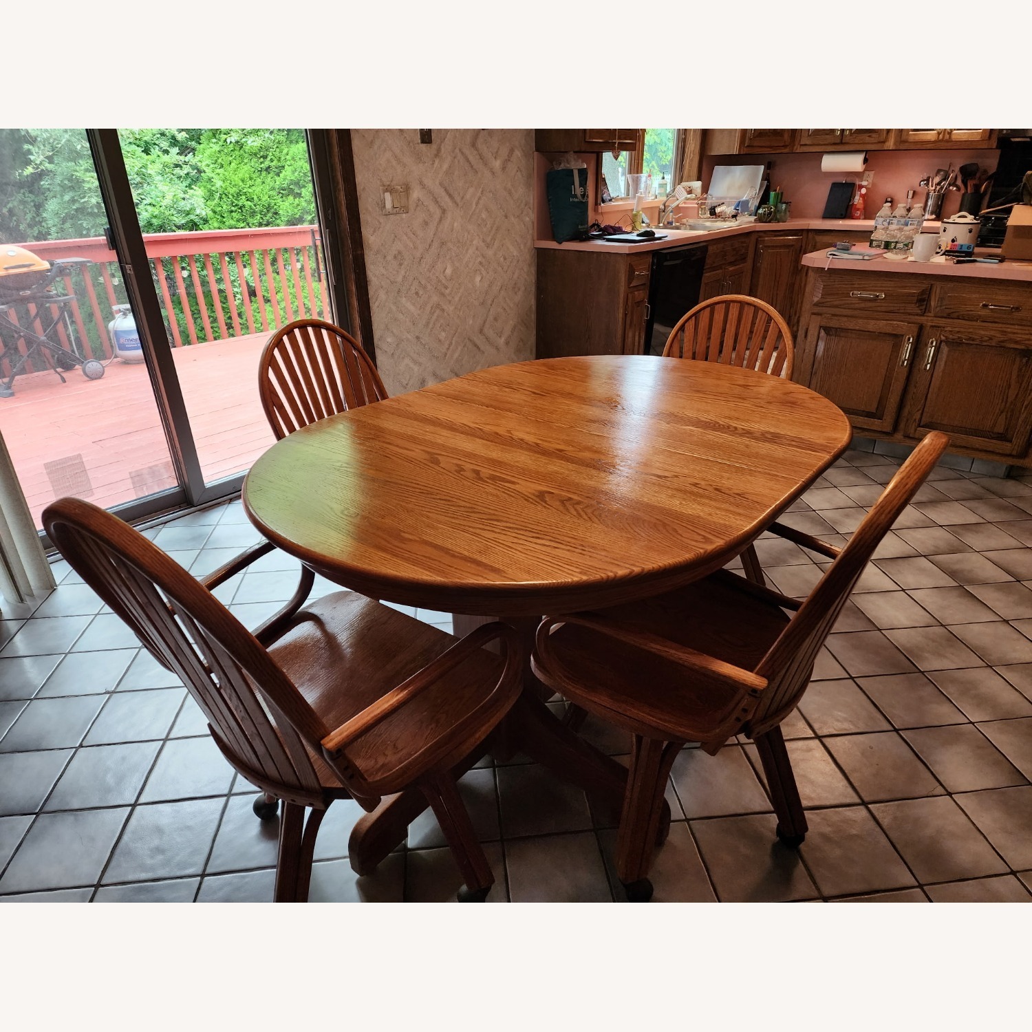 Solid Oak Dining Table with 4 Rolling Chairs - image-2