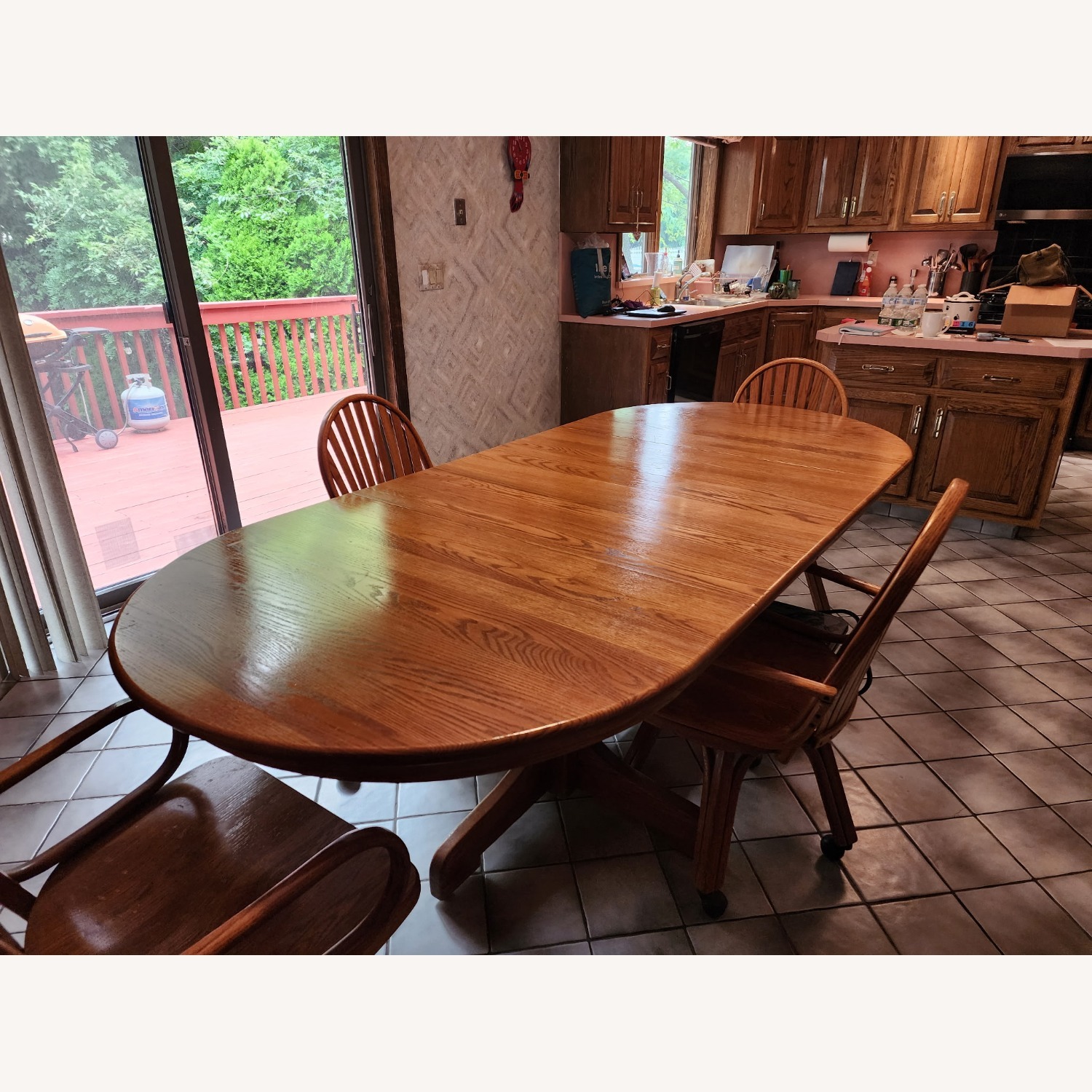 Solid Oak Dining Table with 4 Rolling Chairs - image-4