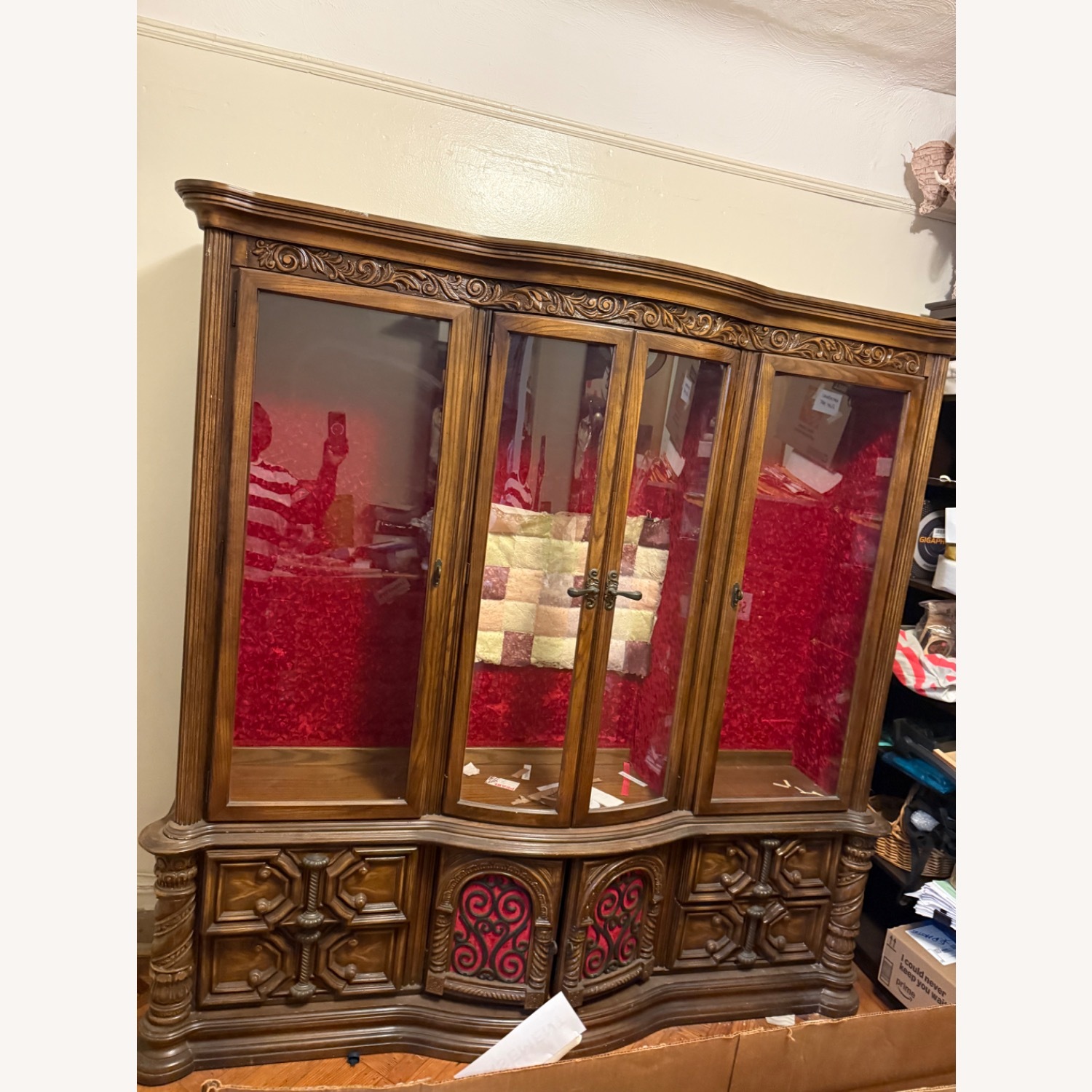 Large Vintage Antique China Cabinet Wood & Glass - image-2