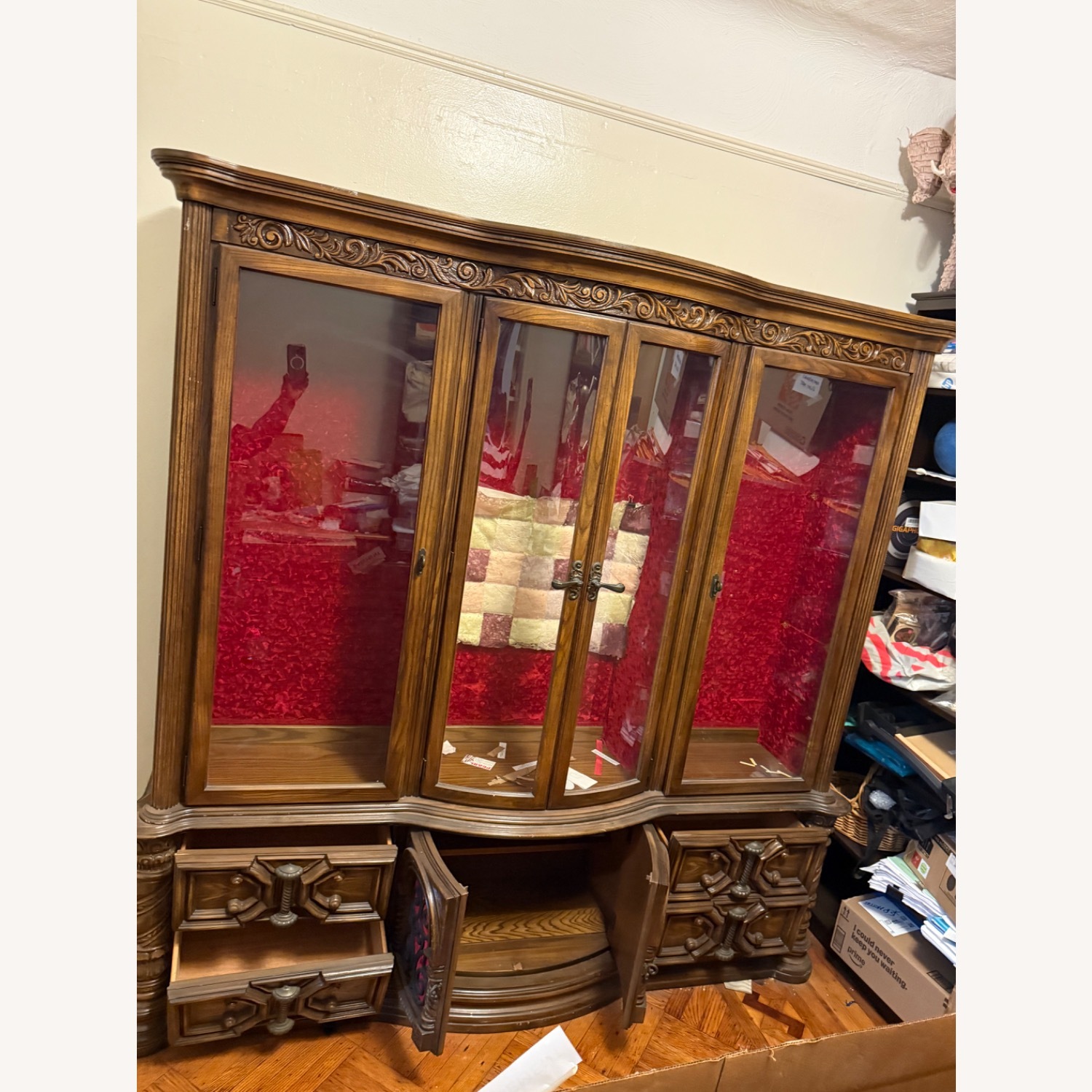 Large Vintage Antique China Cabinet Wood & Glass - image-3