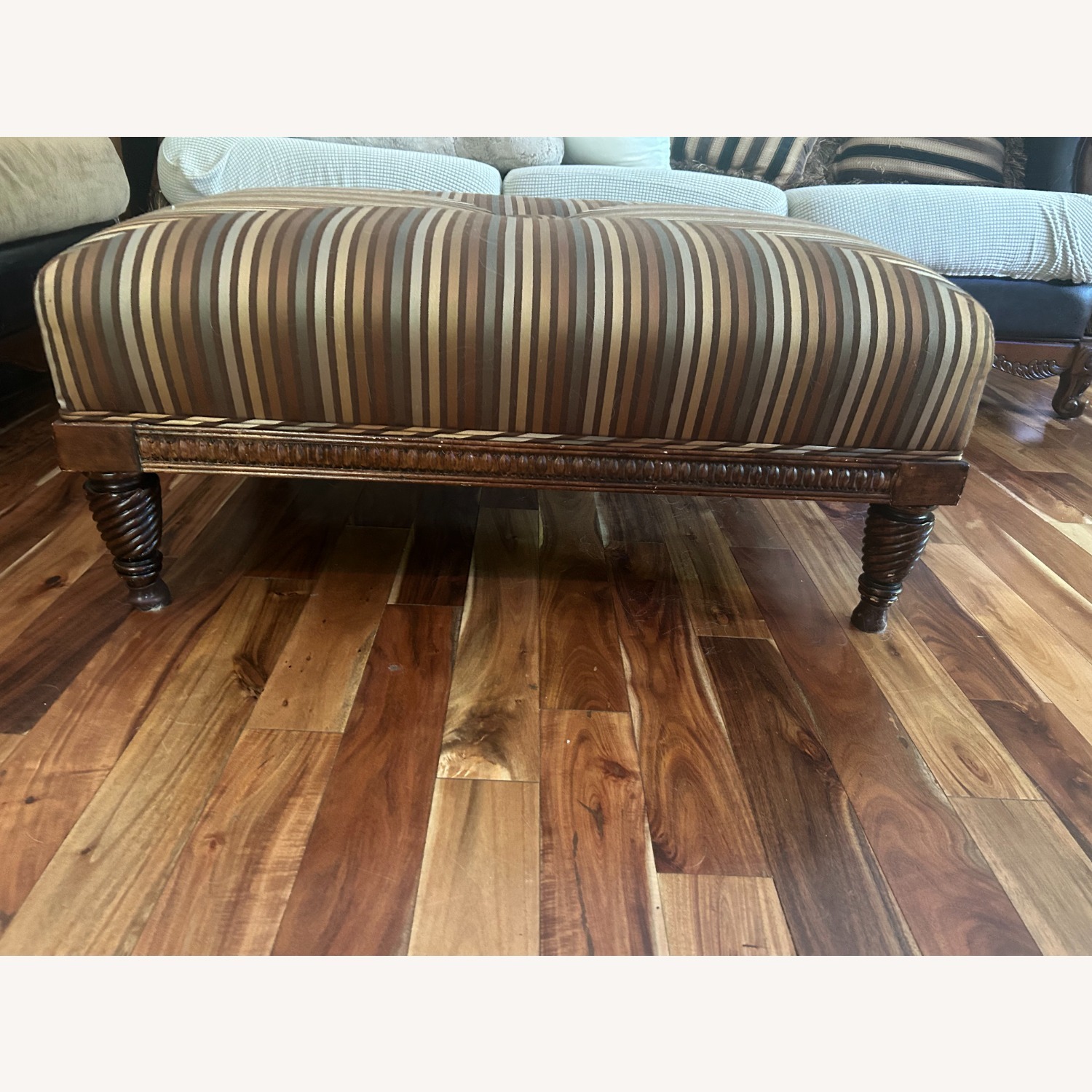 Striped Ottoman with Ornate Legs and Wooden Base - image-2