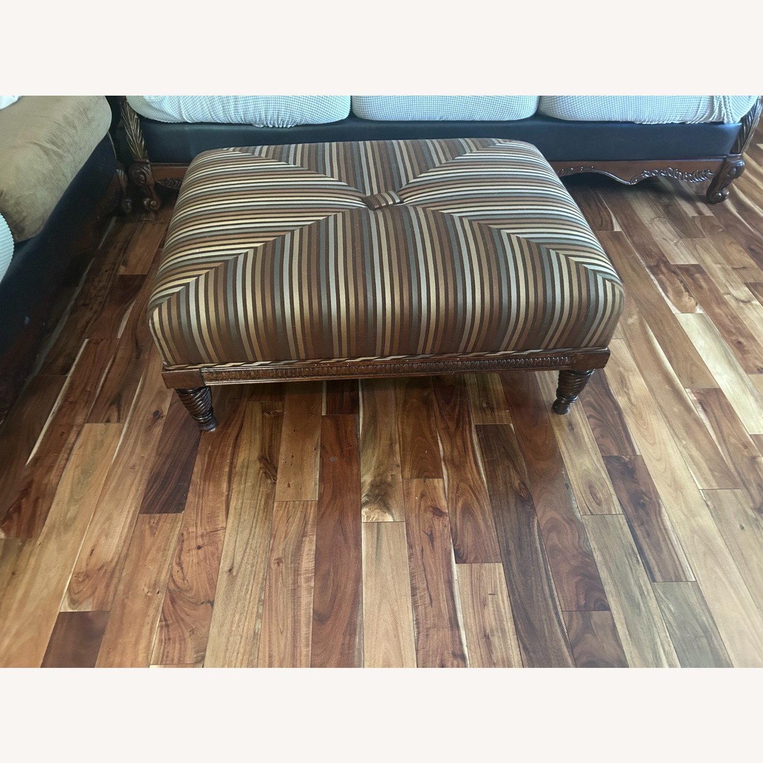 Striped Ottoman with Ornate Legs and Wooden Base - image-1