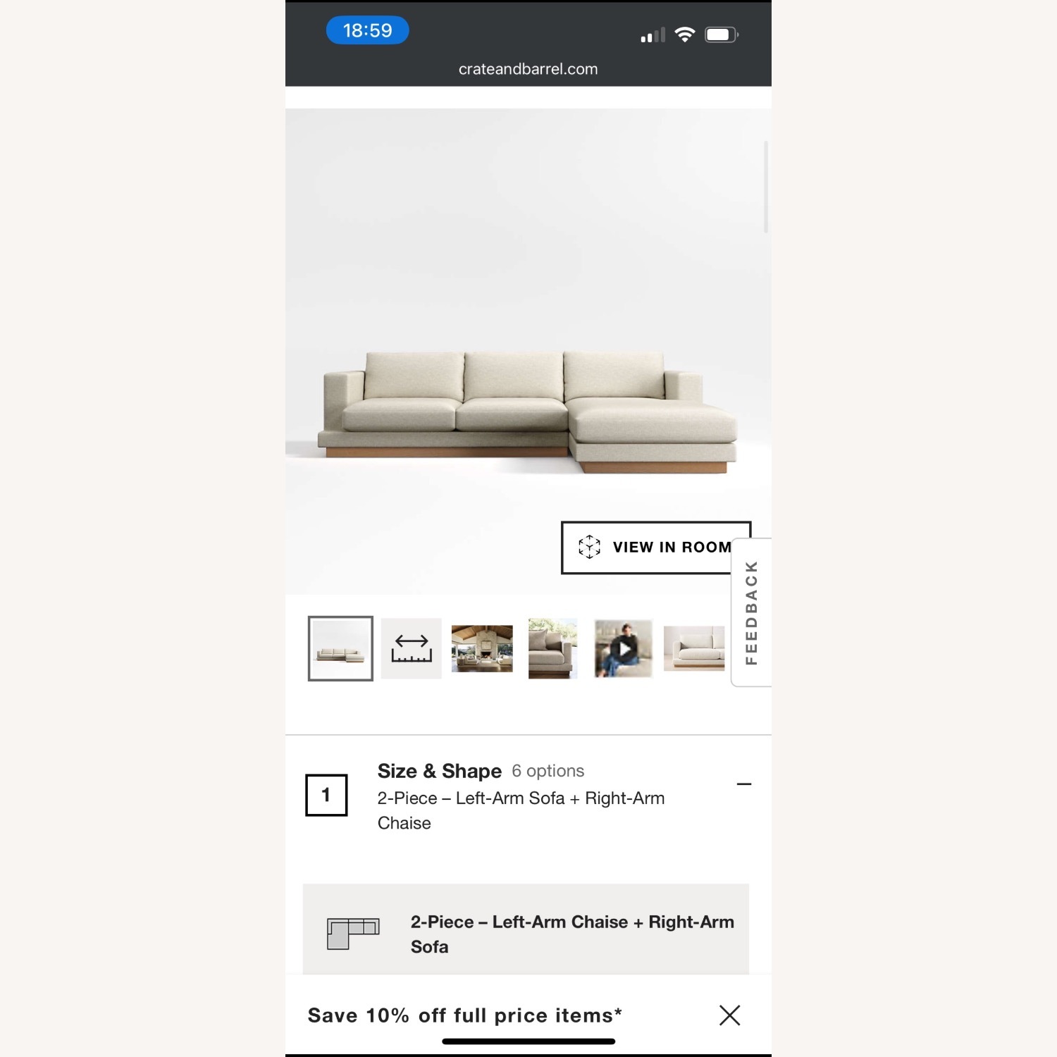 Crate & Barrel Tidal White Fabric 2 Piece Sectional - image-10