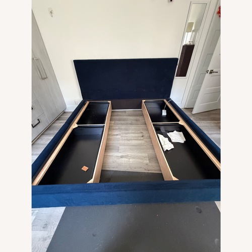 Used West Elm Emmett Blue Velvet King Bed for sale on AptDeco