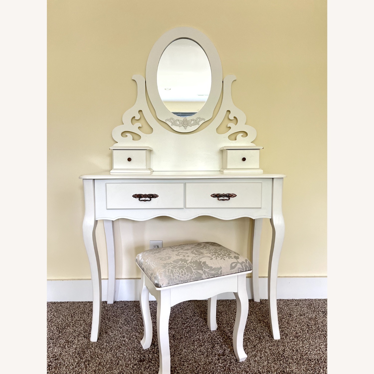 Antique White Wood Vanity Table and Stool Set - image-1