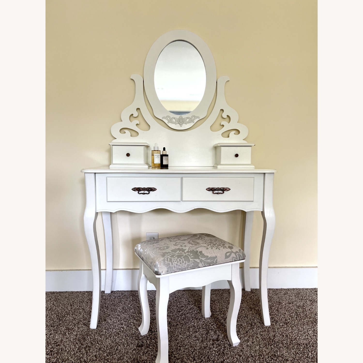 Antique White Wood Vanity Table and Stool Set - image-5