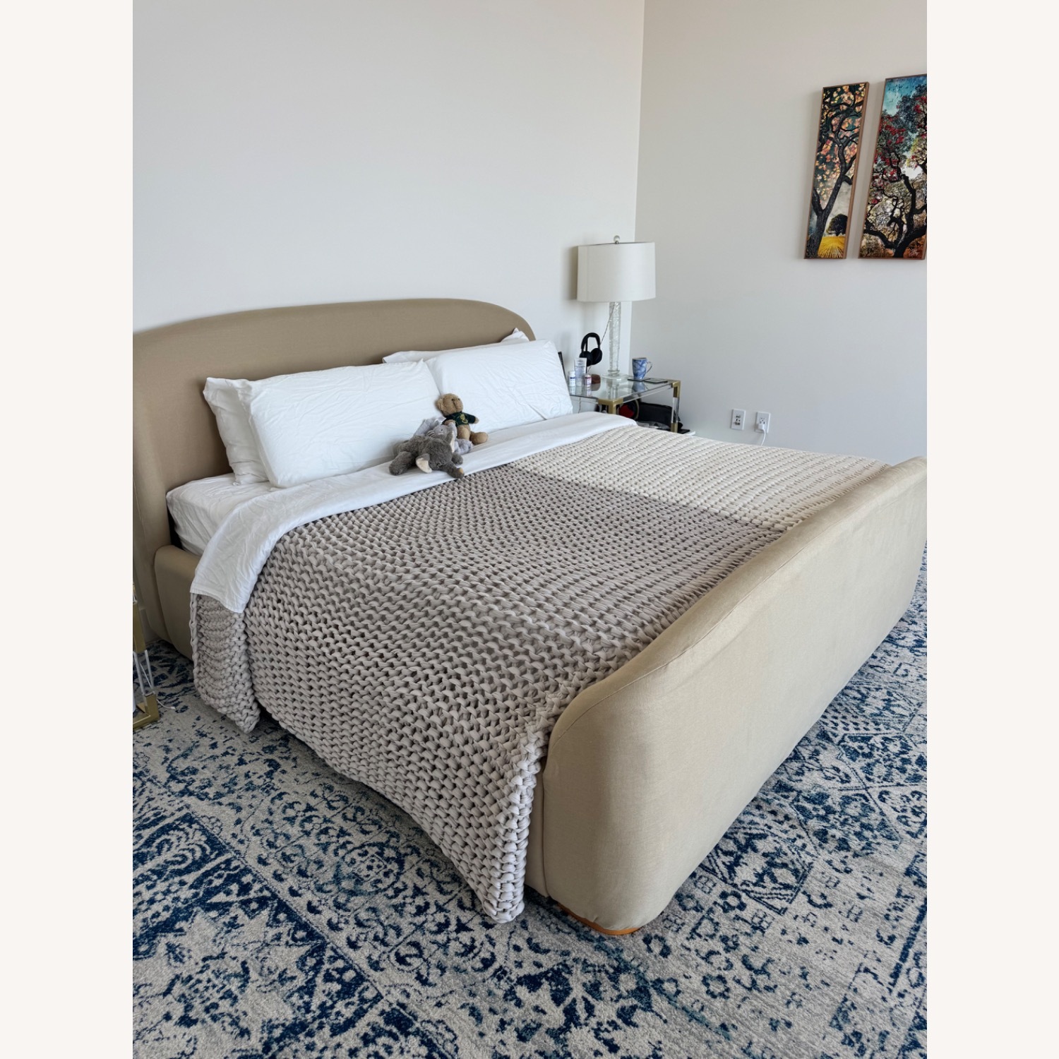 West Elm Beige Linen Sleigh Bed - image-1