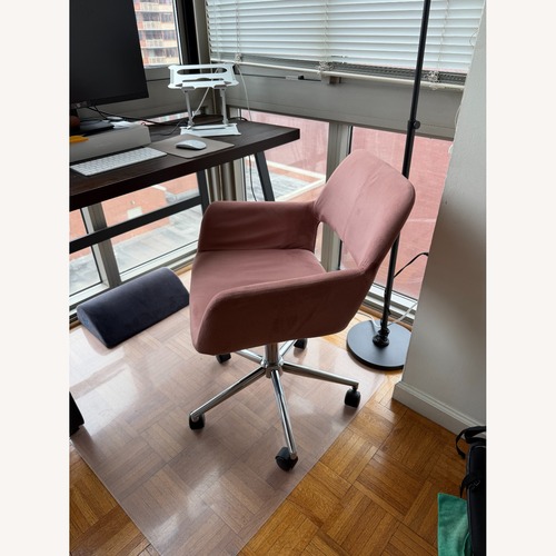 Used Desk + Pale Pink Upholstered Office Chair Bundle for sale on AptDeco