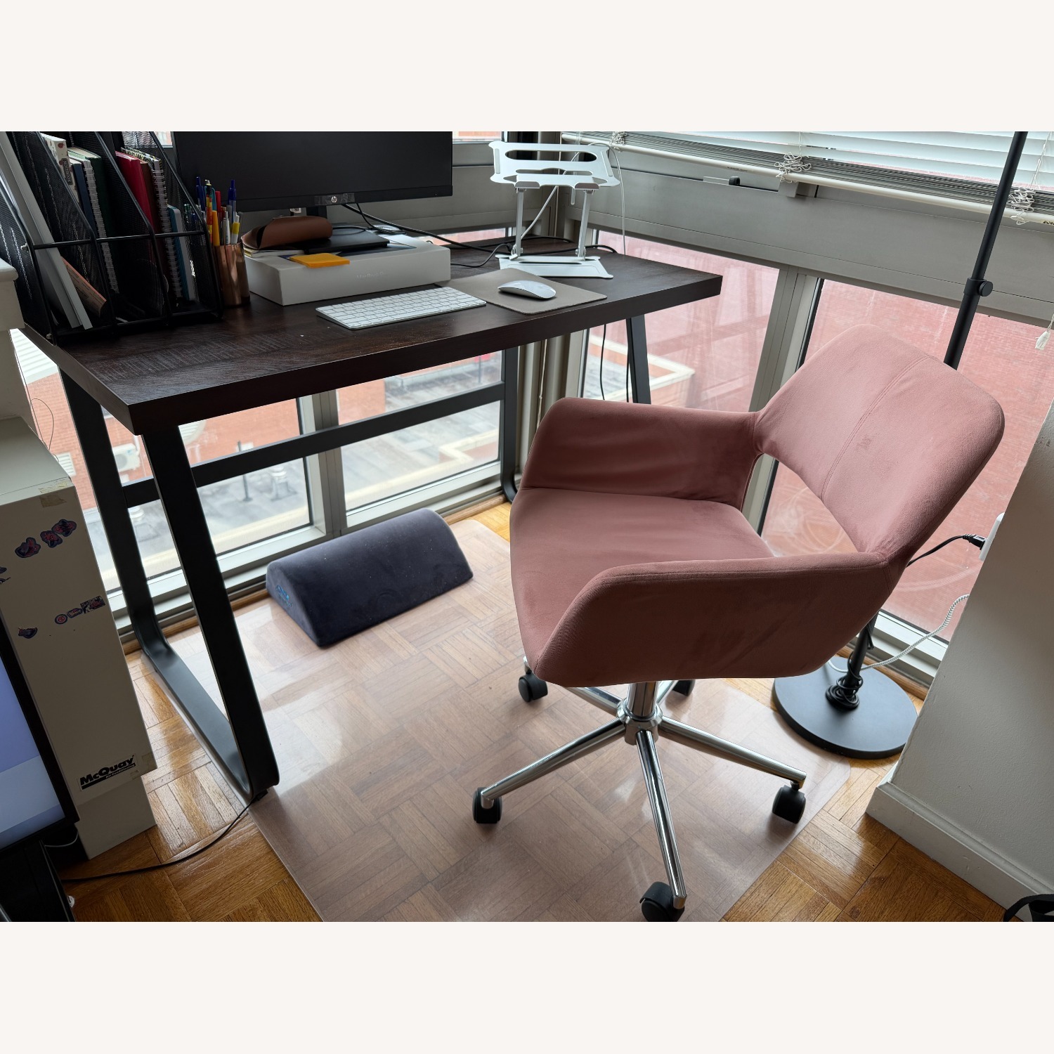 Desk + Pale Pink Upholstered Office Chair Bundle - image-2