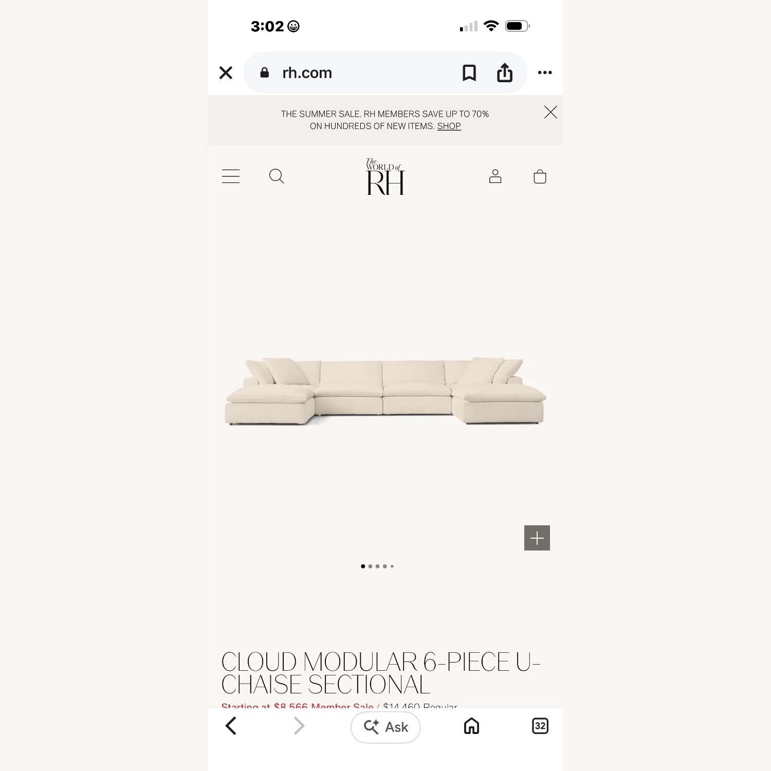 Restoration Hardware Cloud Natural 3+ Piece Sectional - image-1