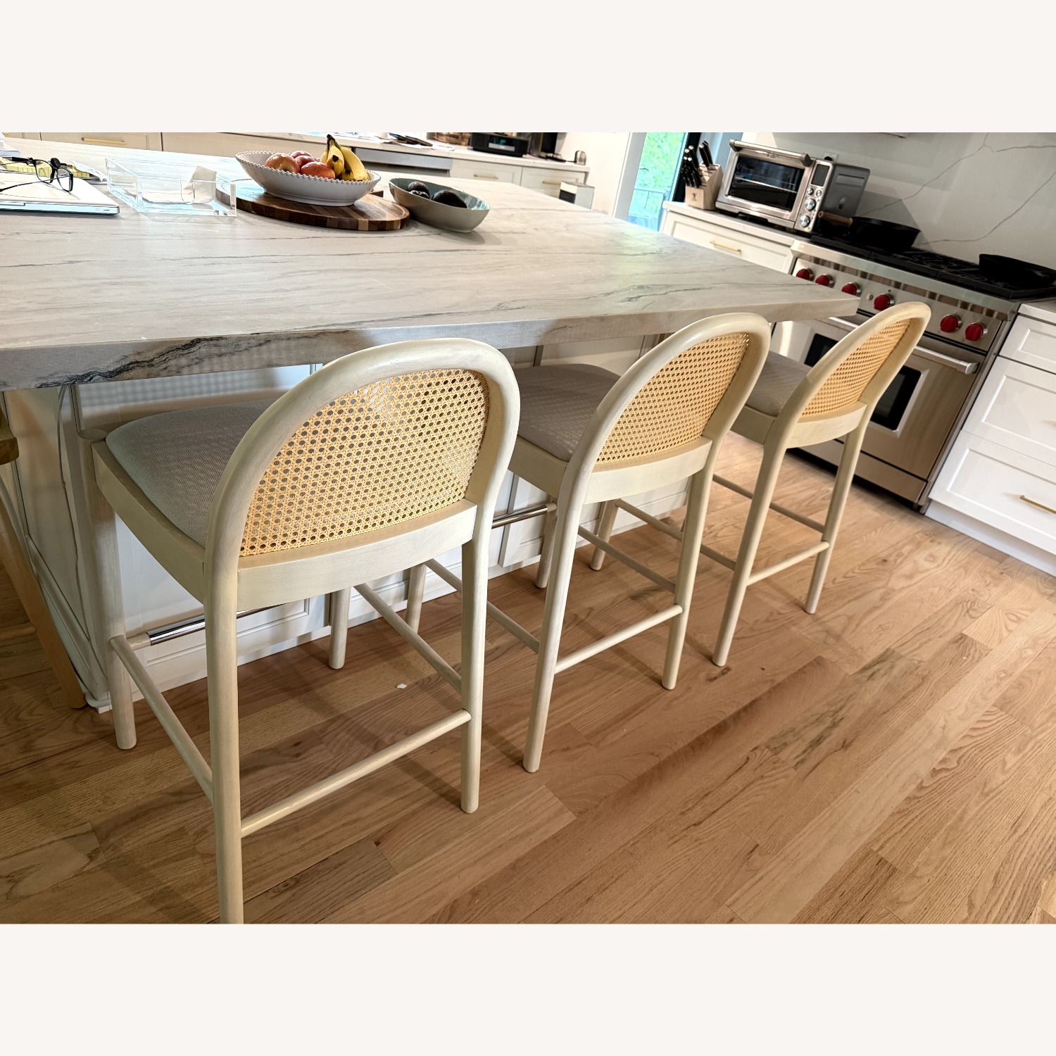White Linen Natural Wood Stools with Rattan Back - image-6