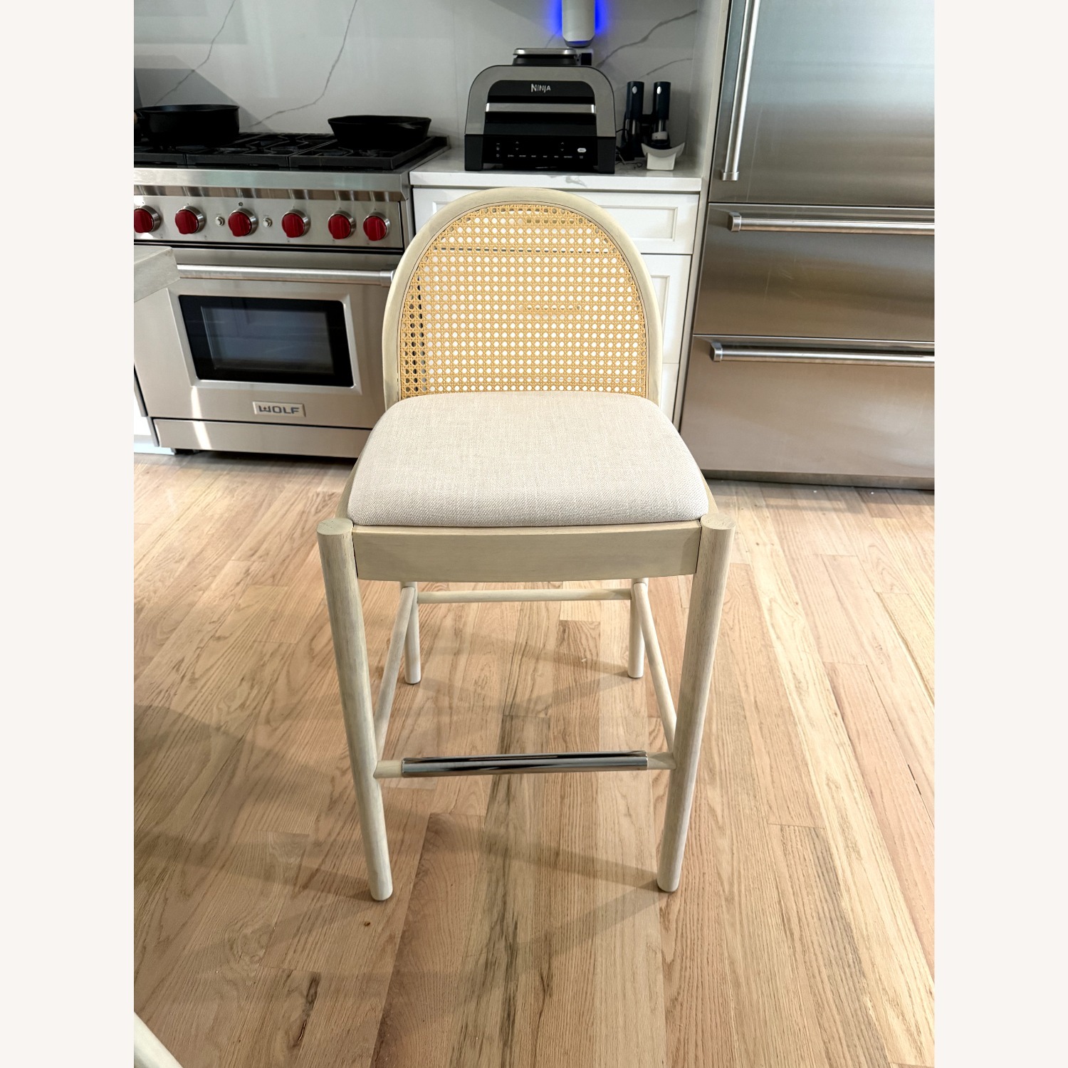 White Linen Natural Wood Stools with Rattan Back - image-5