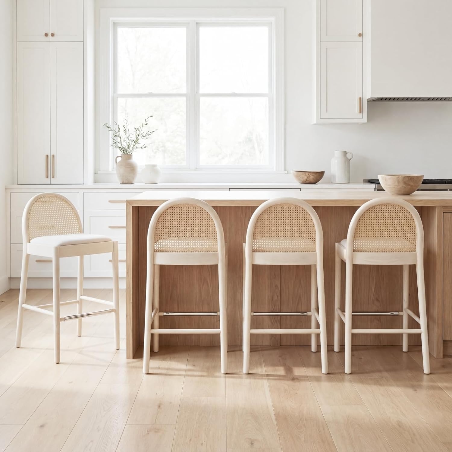 White Linen Natural Wood Stools with Rattan Back - image-1