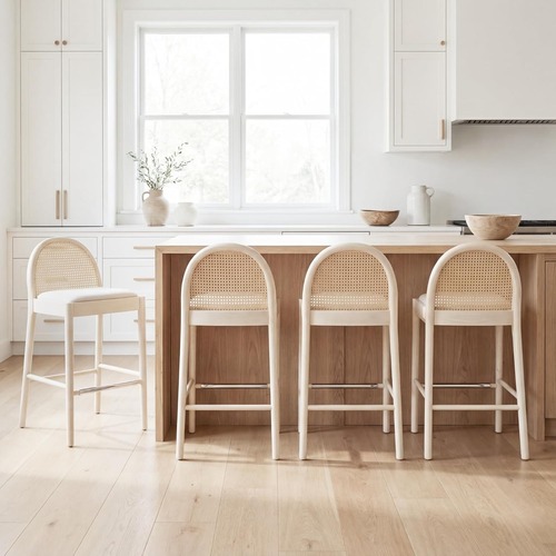 Used White Linen Natural Wood Stools with Rattan Back for sale on AptDeco