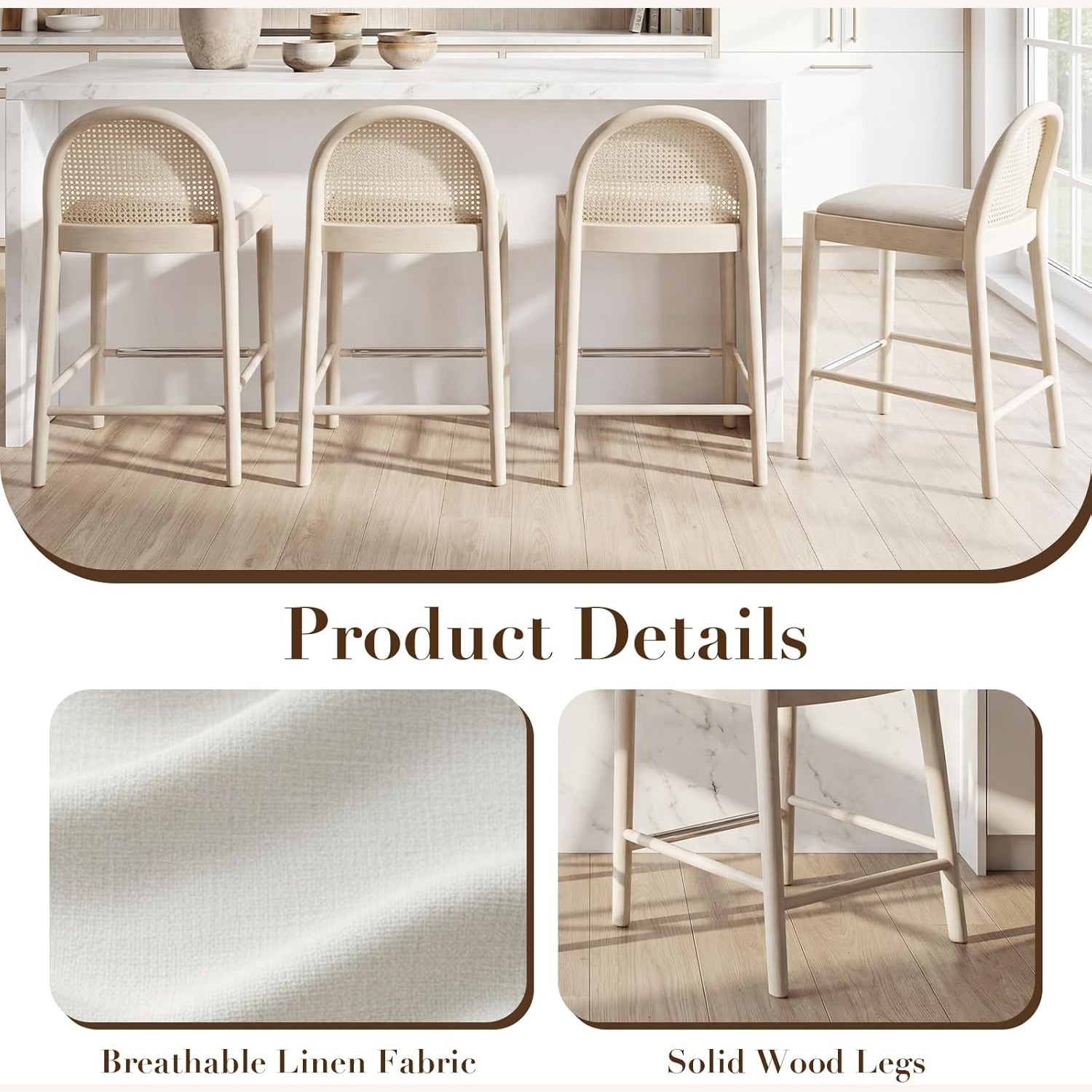 White Linen Natural Wood Stools with Rattan Back - image-4
