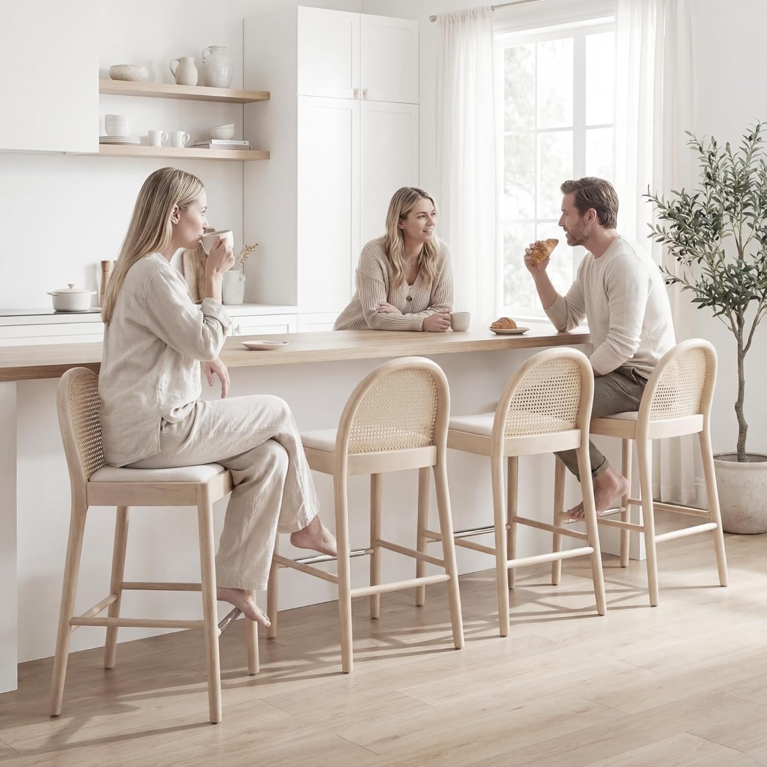 White Linen Natural Wood Stools with Rattan Back - image-3