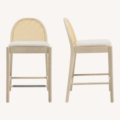 Used White Linen Natural Wood Stools with Rattan Back for sale on AptDeco