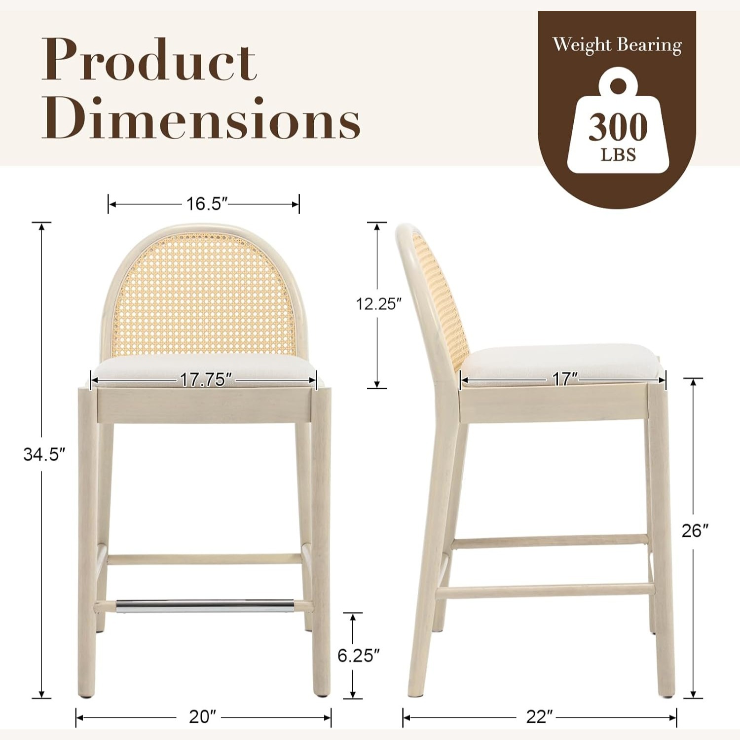 White Linen Natural Wood Stools with Rattan Back - image-2