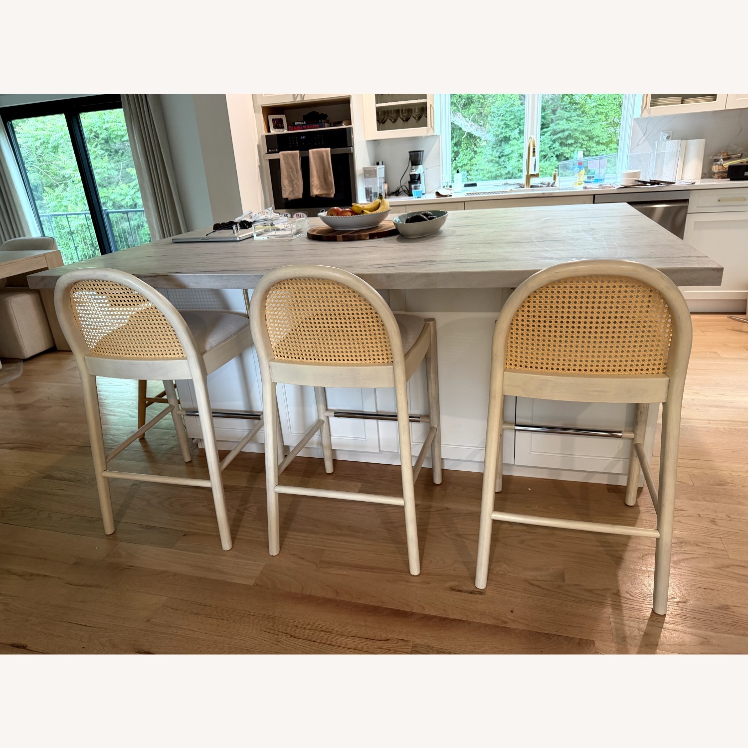 White Linen Natural Wood Stools with Rattan Back - image-7