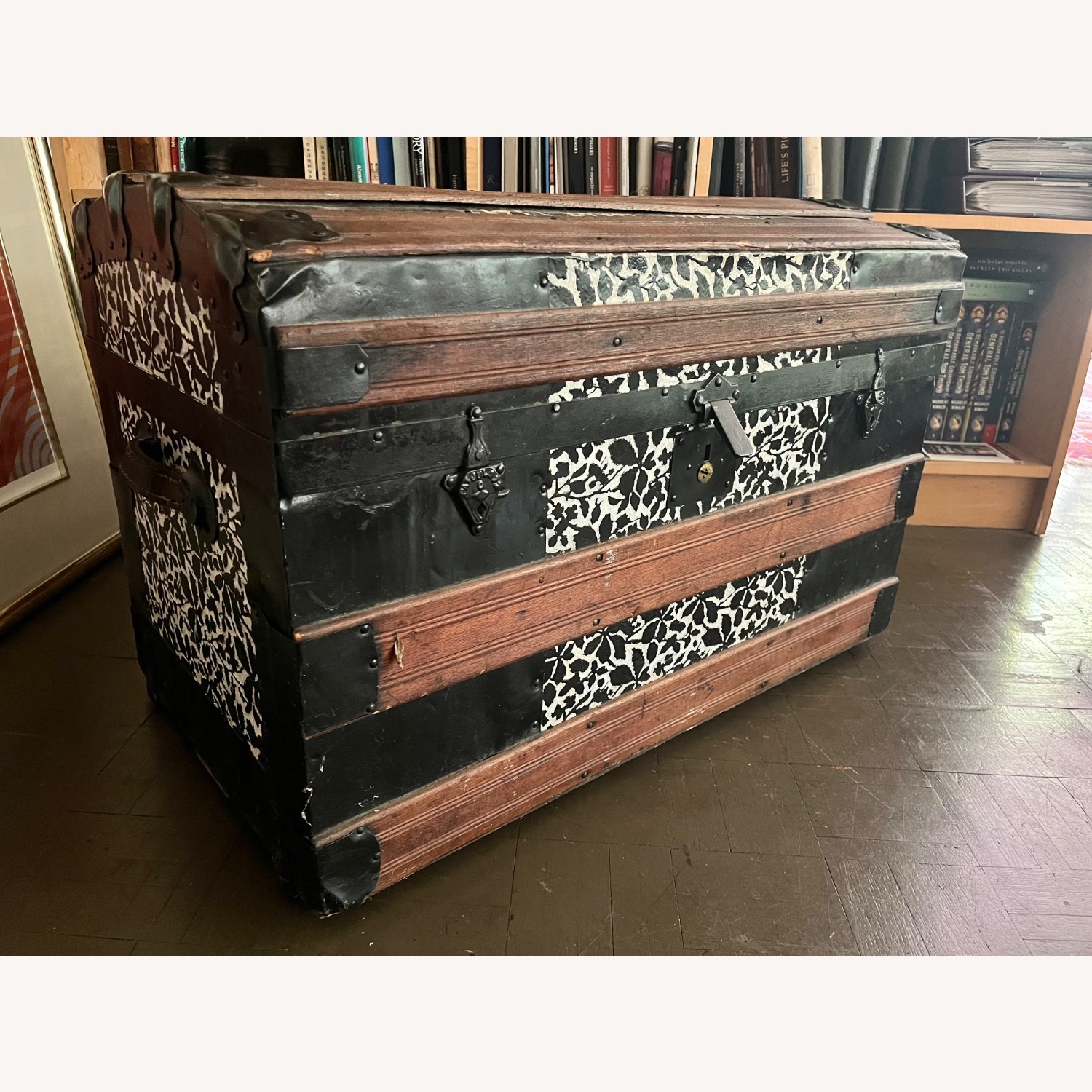 Antique Steamer Trunk Dome Top Embossed Metal - image-3