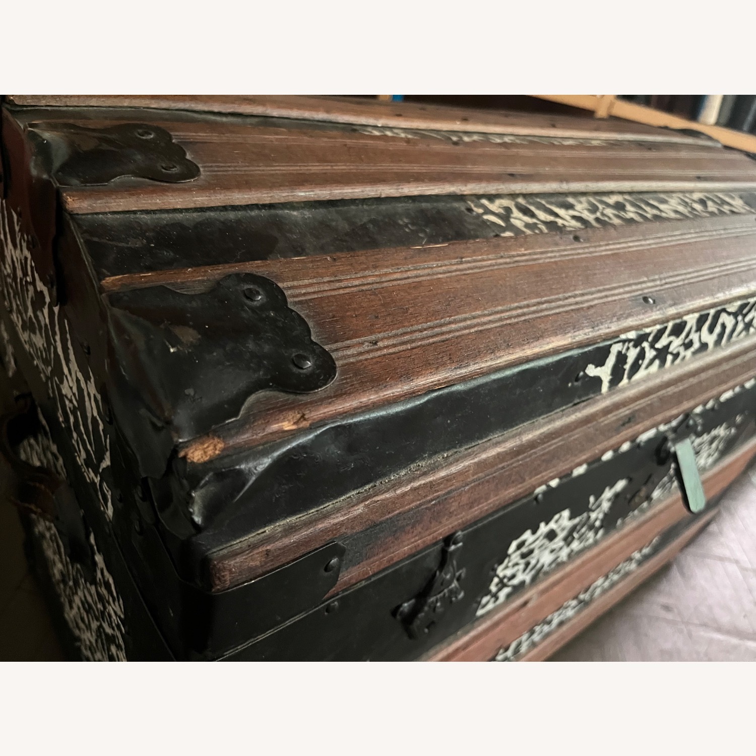Antique Steamer Trunk Dome Top Embossed Metal - image-4