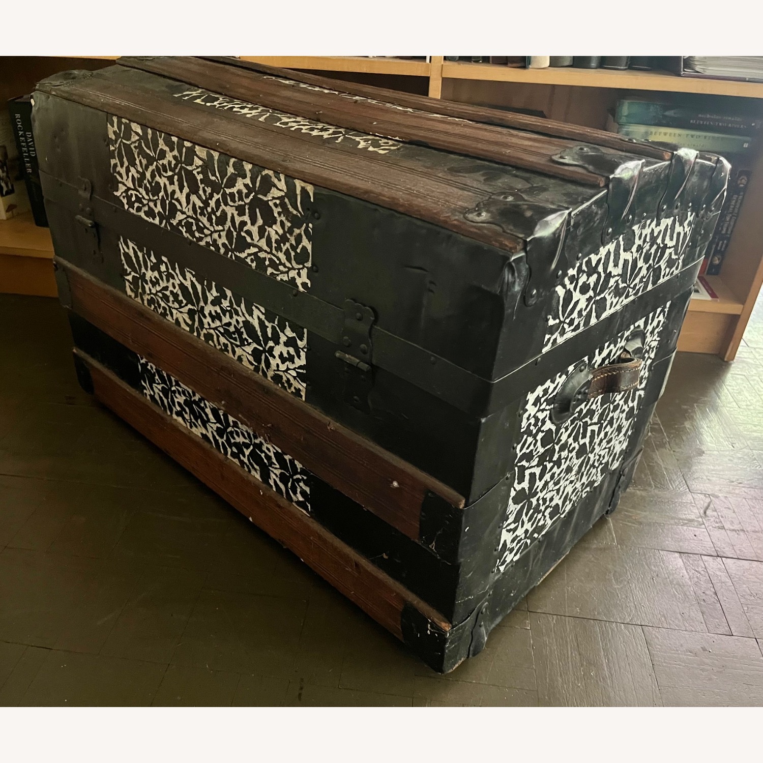 Antique Steamer Trunk Dome Top Embossed Metal - image-8