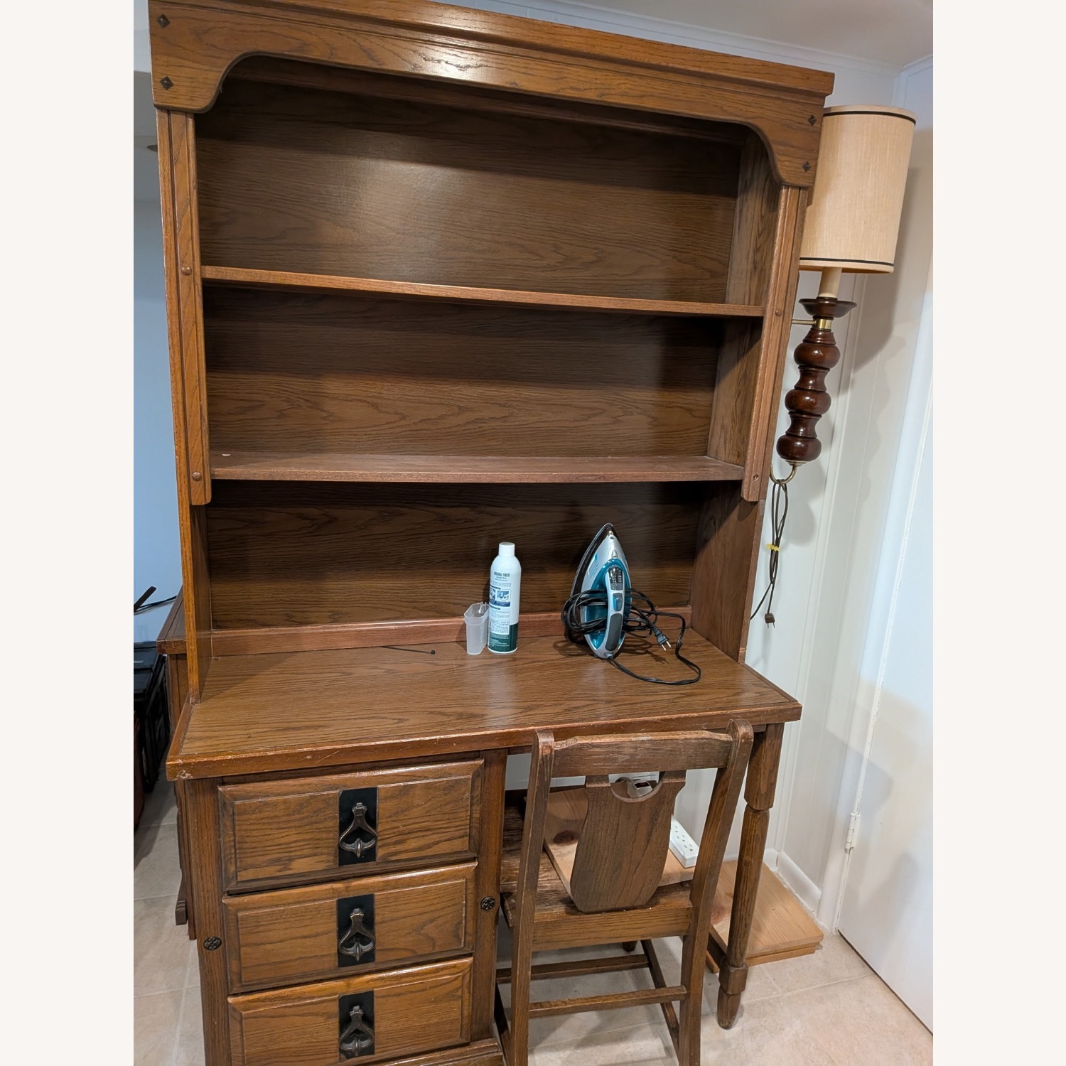 Dark Brown Wood Desk with Hutch and Light - image-2