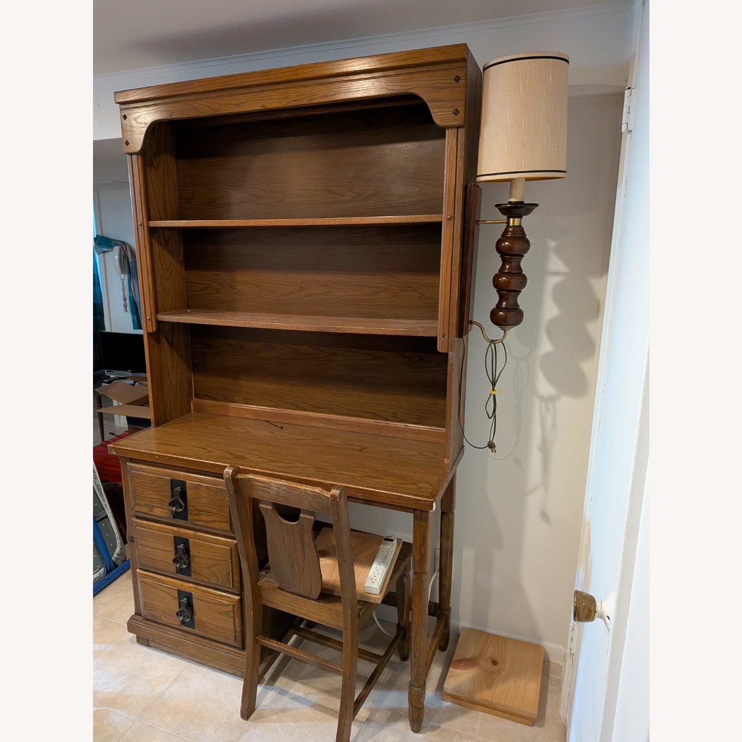Dark Brown Wood Desk with Hutch and Light - image-1