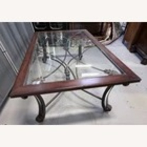 Used Wood & Iron Glass Top Coffee Table  for sale on AptDeco