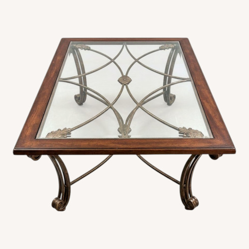 Used Wood & Iron Glass Top Coffee Table for sale on AptDeco