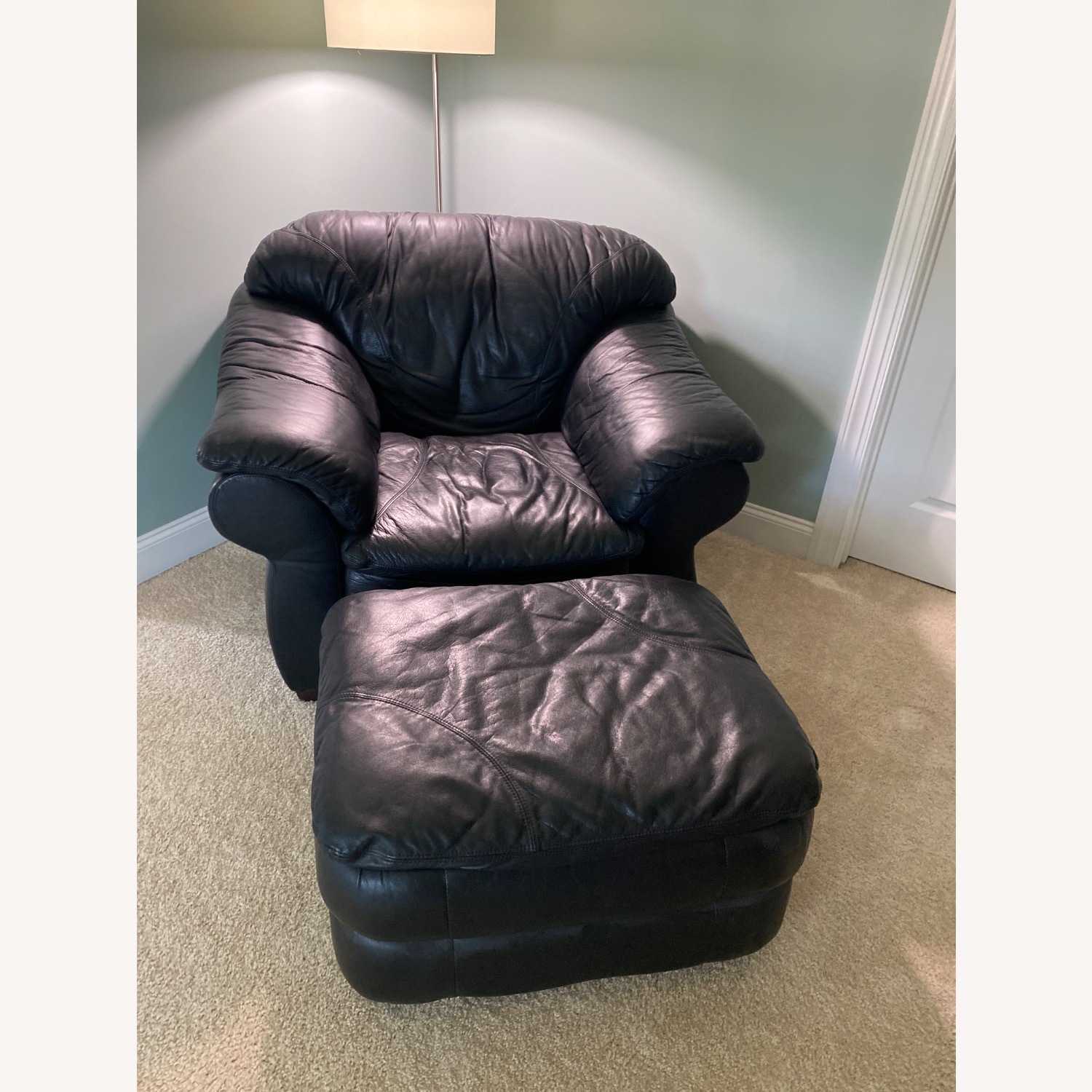 Black Leather One Seater & Ottoman - image-1