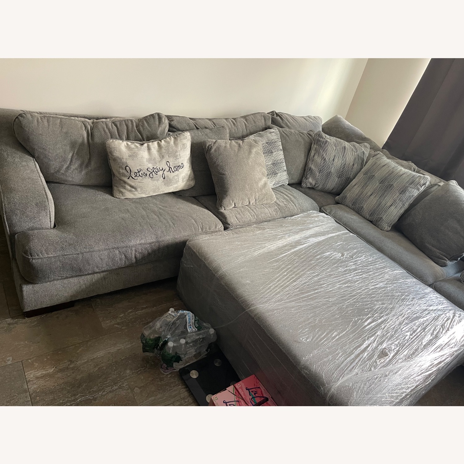 Raymour & Flanigan Light Gray Sofa With Ottoman - image-4