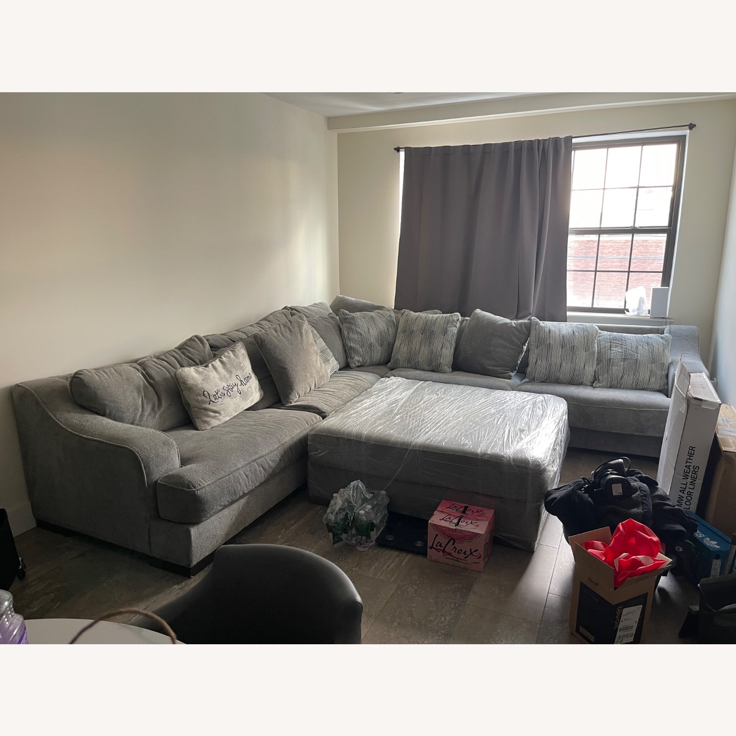 Raymour & Flanigan Light Gray Sofa With Ottoman - image-5
