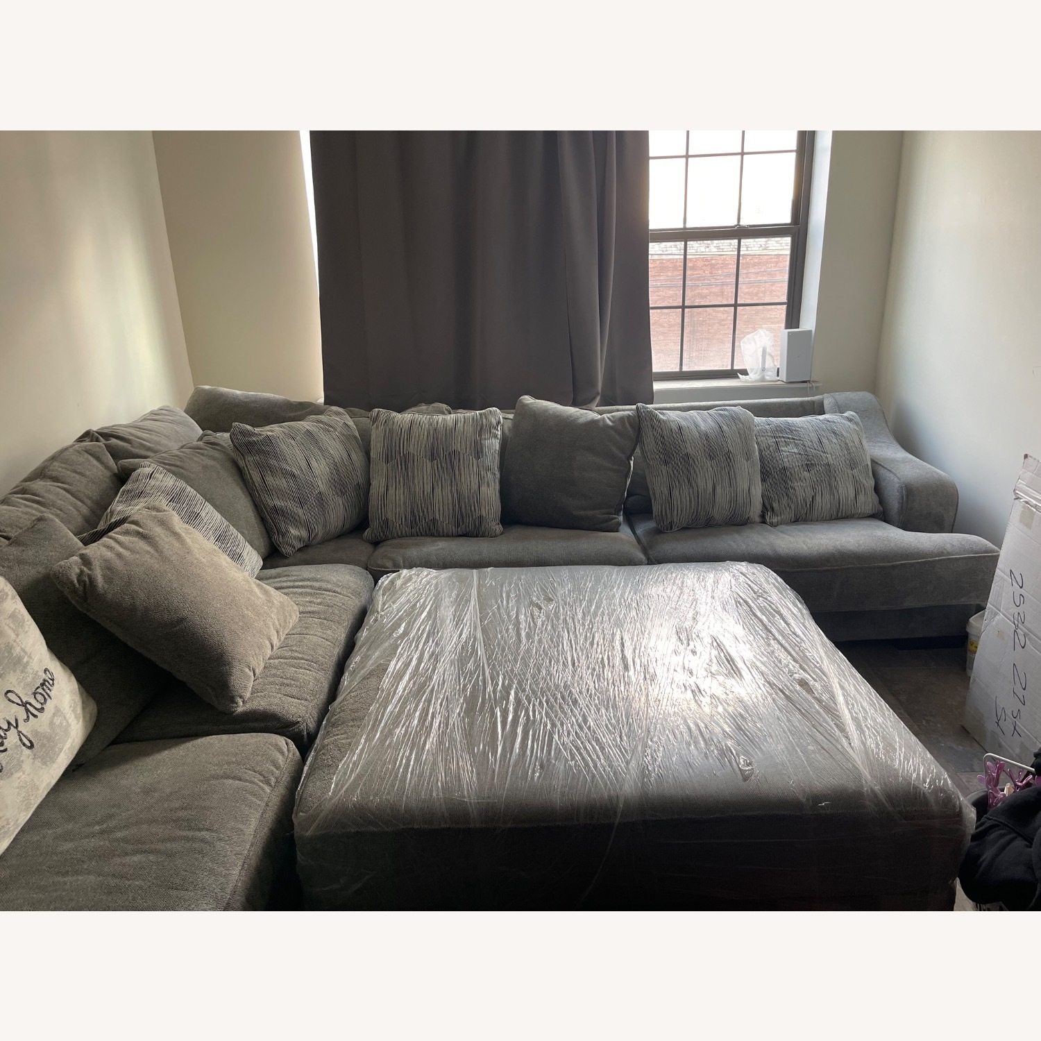 Raymour & Flanigan Light Gray Sofa With Ottoman - image-3