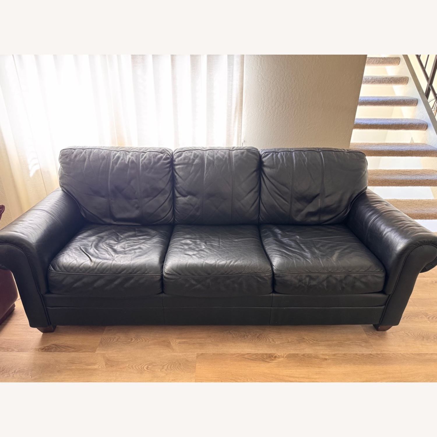 Ethan Allen Black Leather 3+ Seater Sofa - image-3