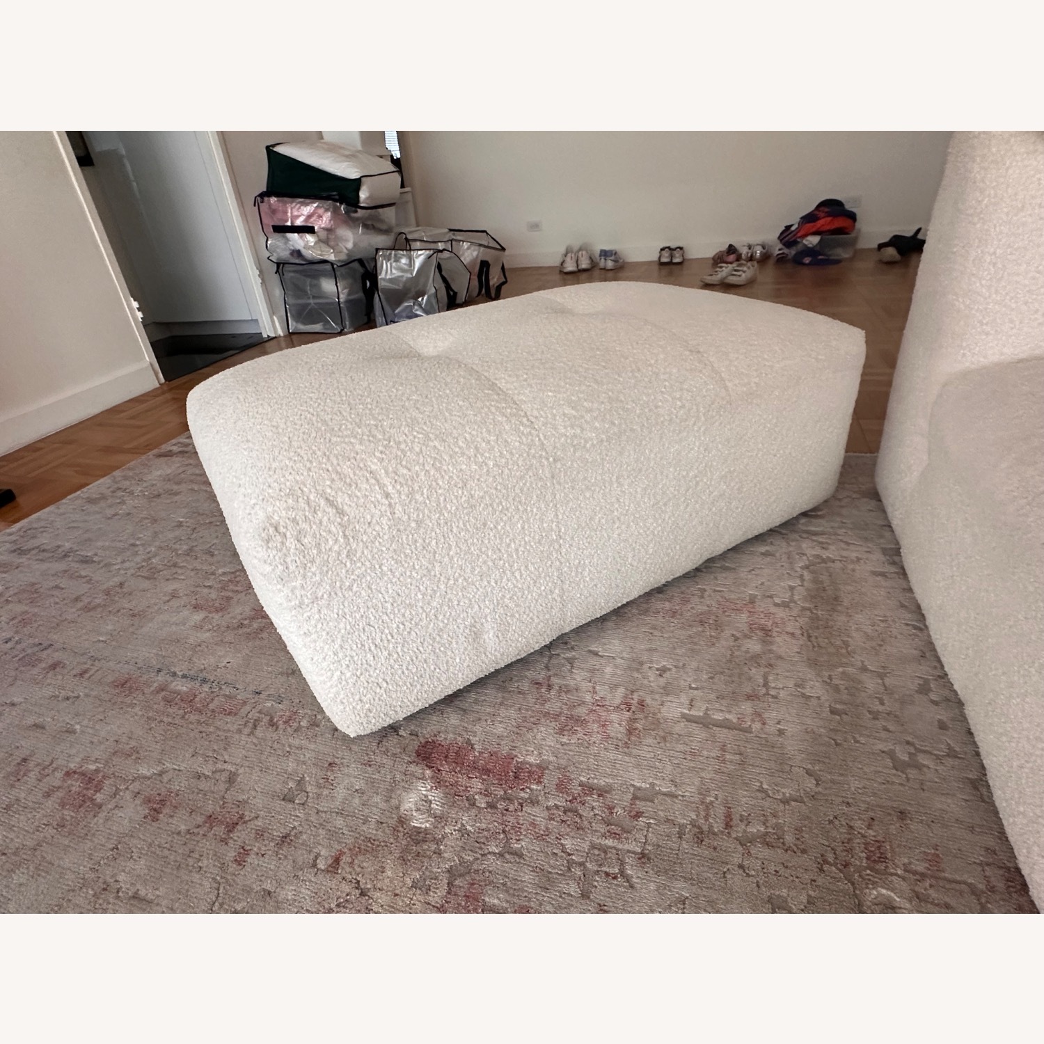 White Bouclé Couch With Ottoman - image-4