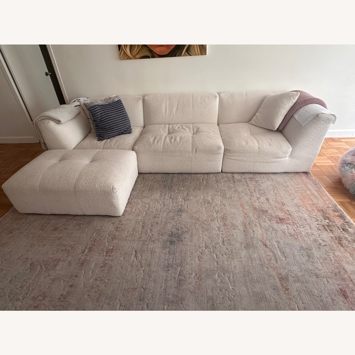 White Bouclé Couch With Ottoman - image-1