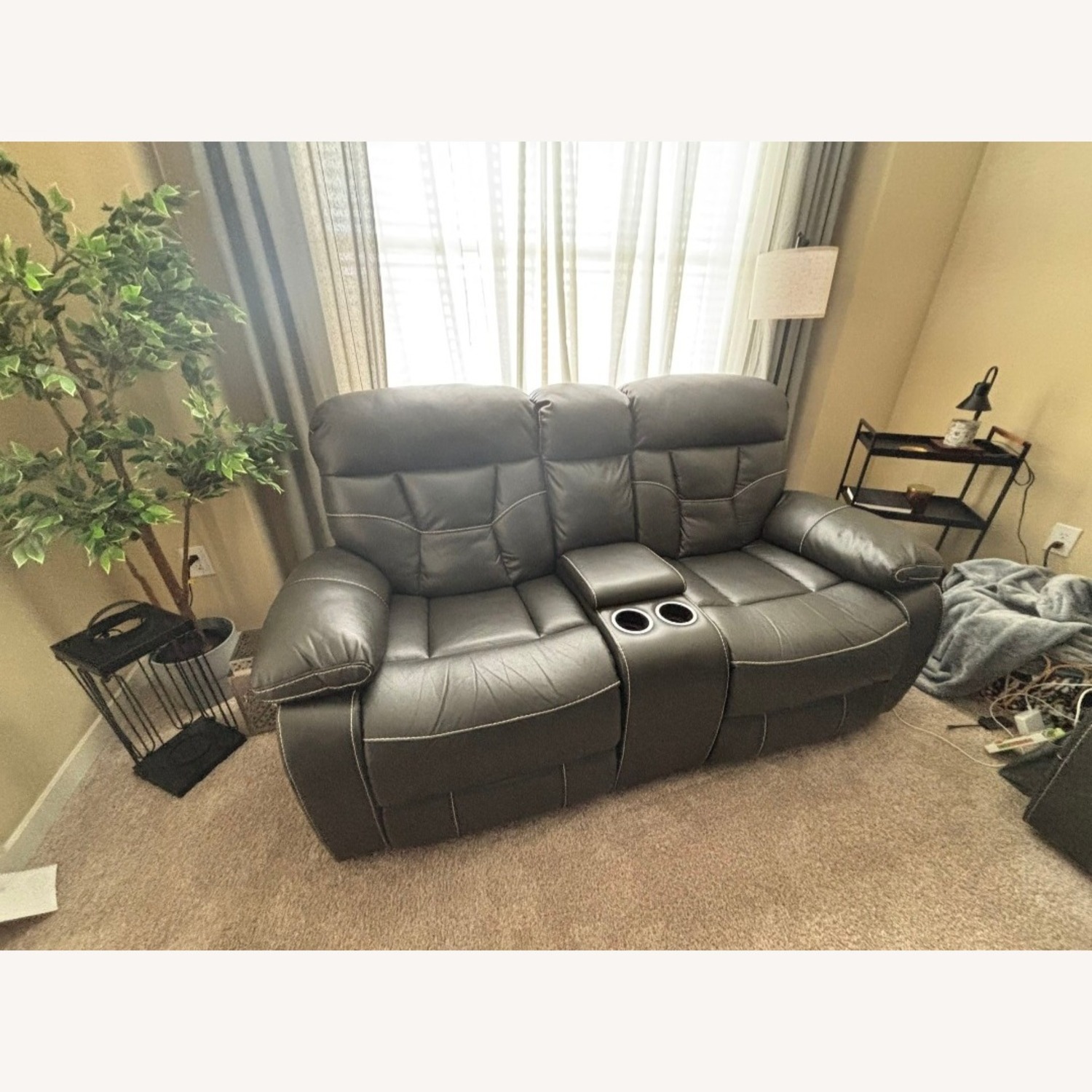 Dark Gray Leather Loveseat - image-1