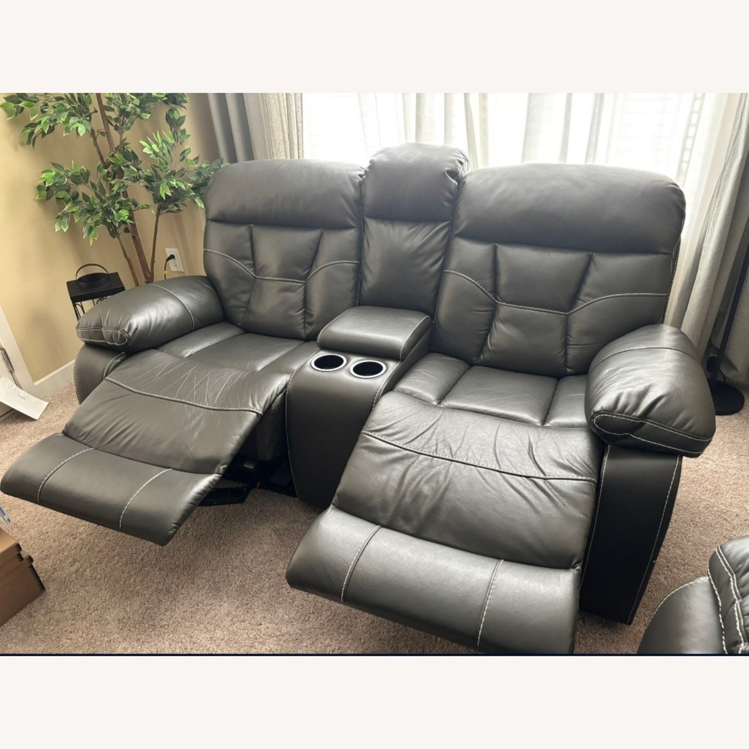 Dark Gray Leather Loveseat - image-2
