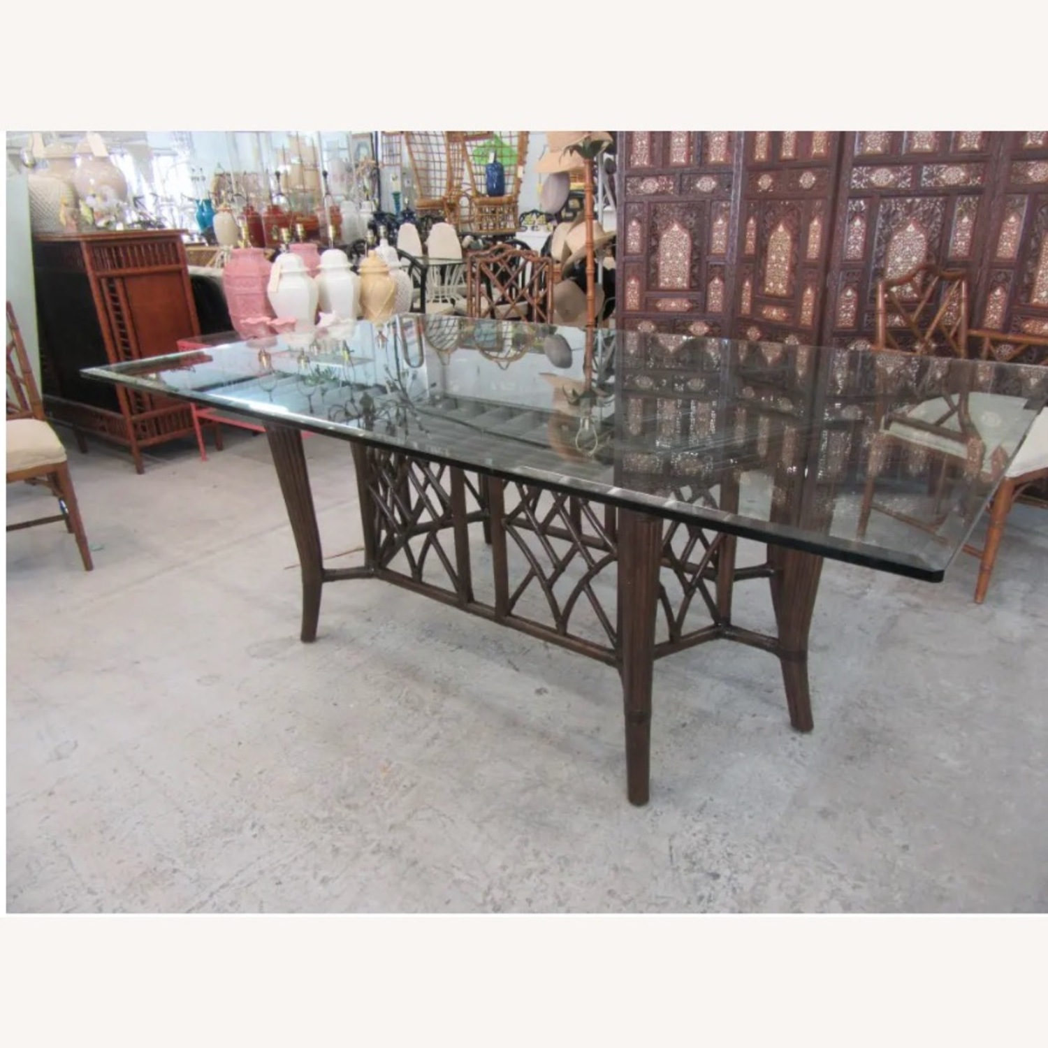 Vintage Dark Brown Dining Table with Glass Top - image-3
